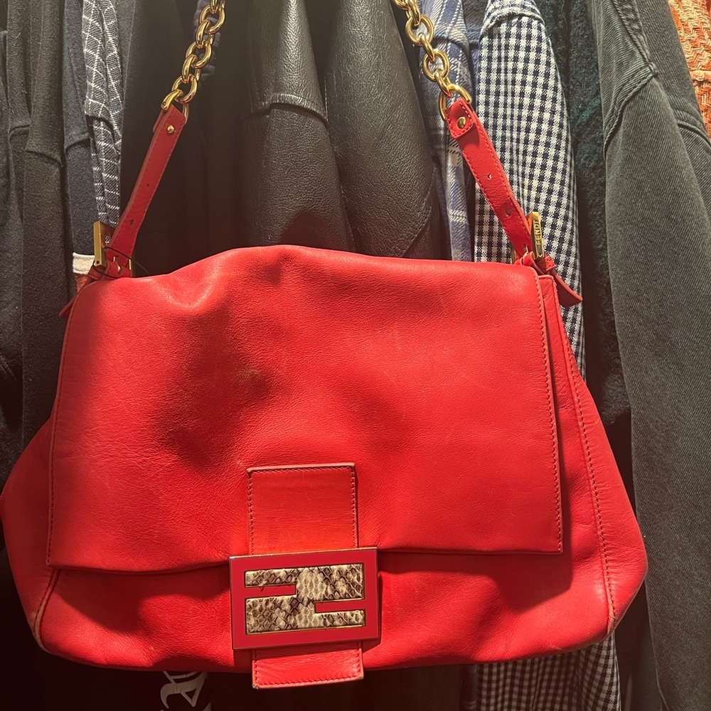 Large Fendi Mama Bag Red Rattlesnake Authentic Gold Tone Hardware